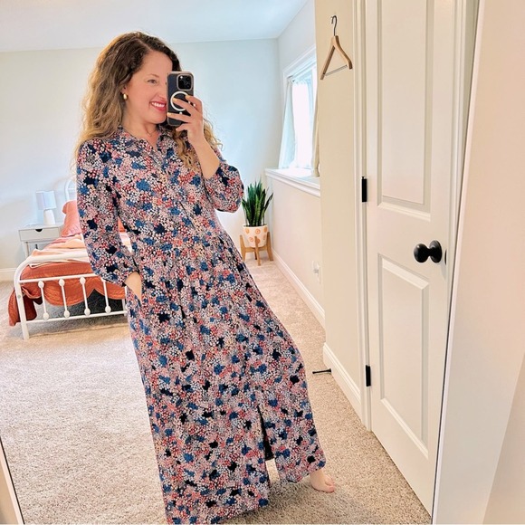 Joules Dresses & Skirts - Joules Blue Pink Floral Cotton Button Front Long Sleeve Maxi Dress 8